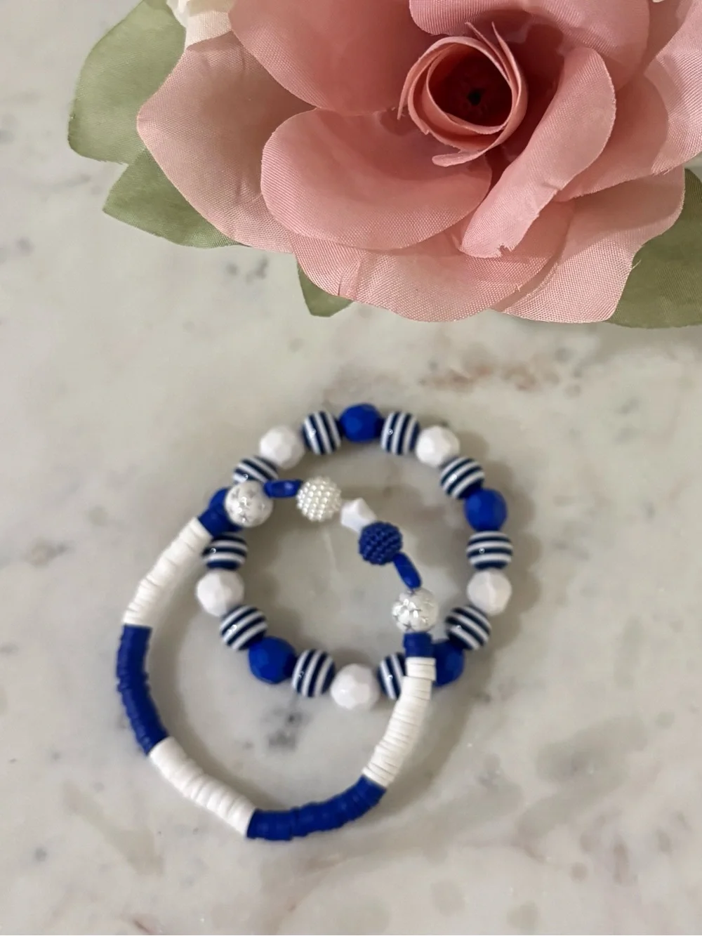 Blue & White Beaded Stretch Bracelet Set for Women